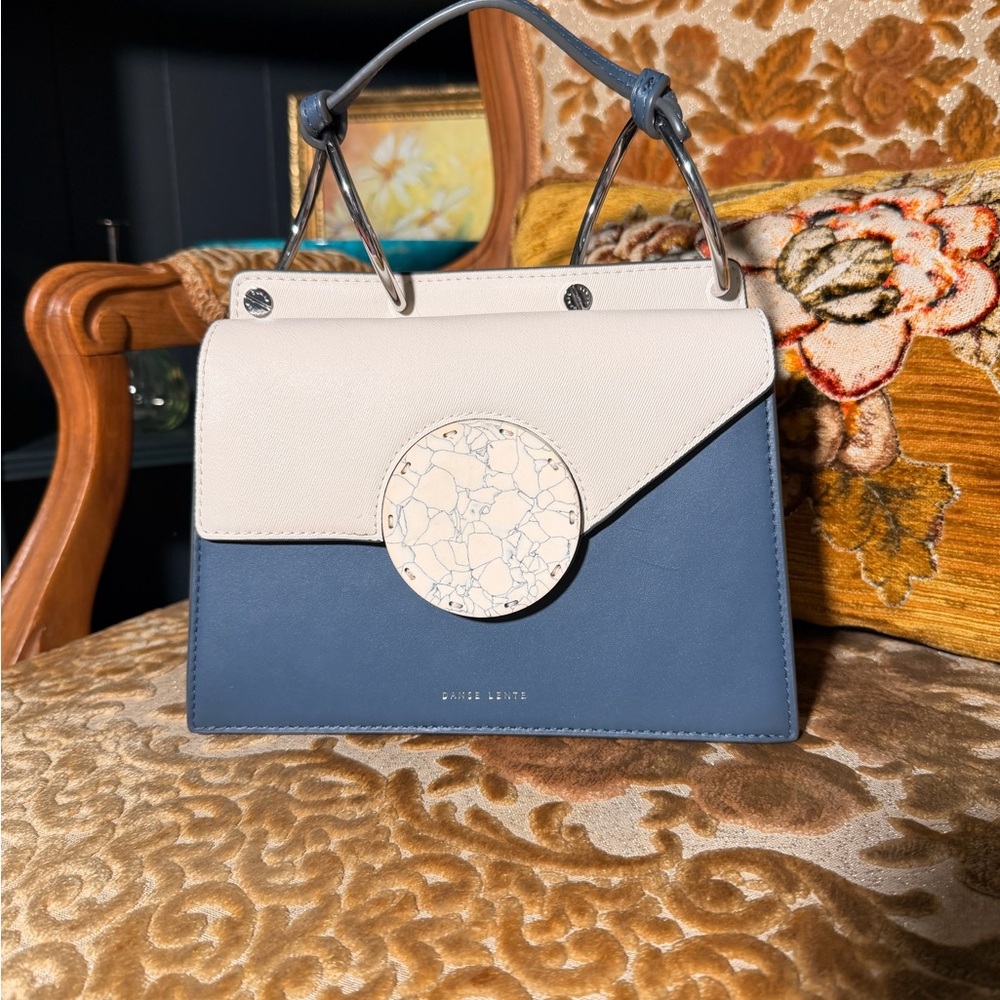 Danse Lente Phoebe Bis Top Handle Bag Blue Cream Leather Marble Clasp